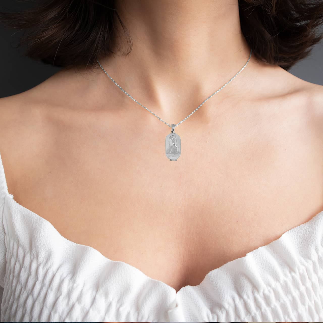 Sterling Silver Egyptian Goddess Sekhmet Oval Hammered Medallion Pendant Necklace, view 3