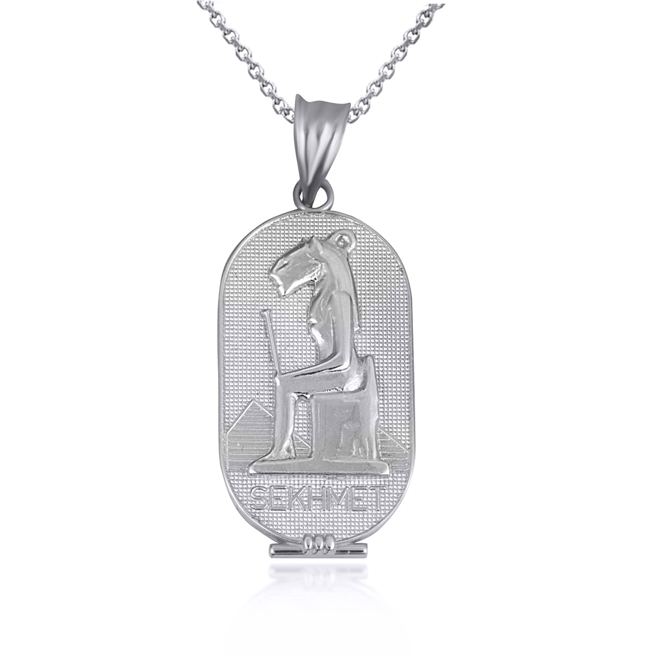Sterling Silver Egyptian Goddess Sekhmet Oval Hammered Medallion Pendant Necklace, view 5