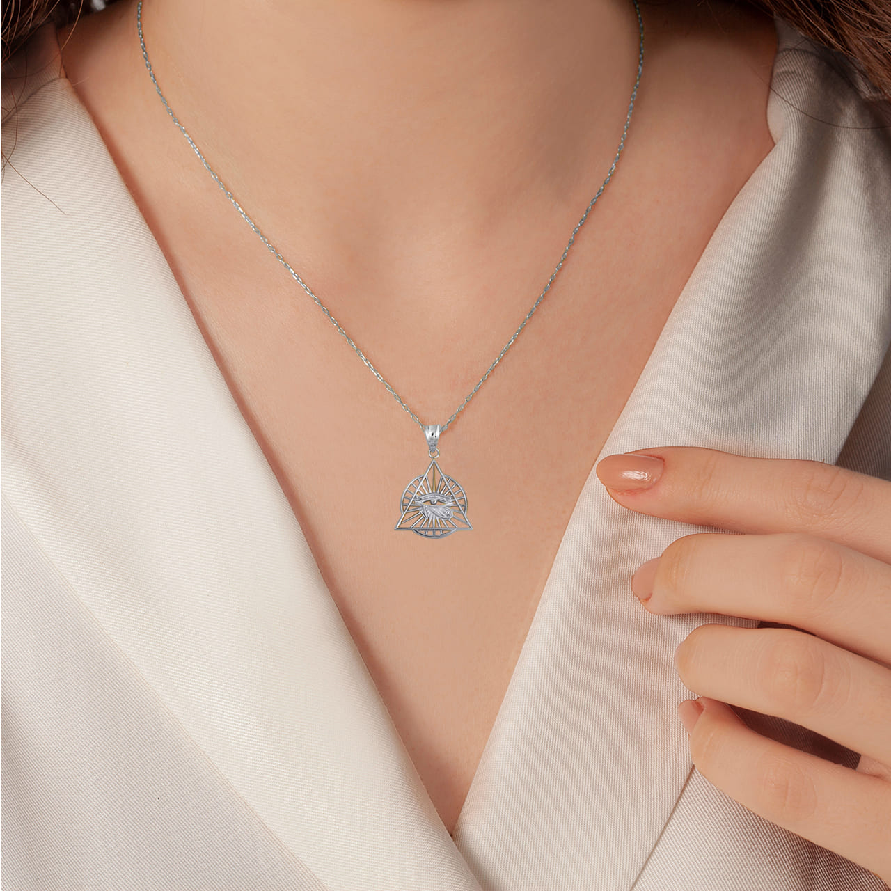 Sterling Silver Egyptian Illuminated Eye Of Horus Wedjat Pyramid Pendant Necklace, view 2