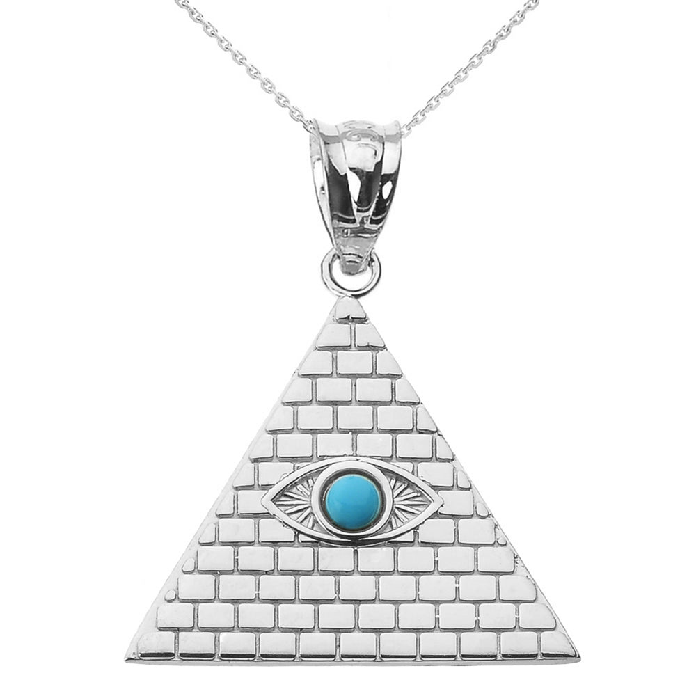 Sterling Silver Egyptian Pyramid Genuine Turquoise Gemstone Evil Eye Pendant Necklace