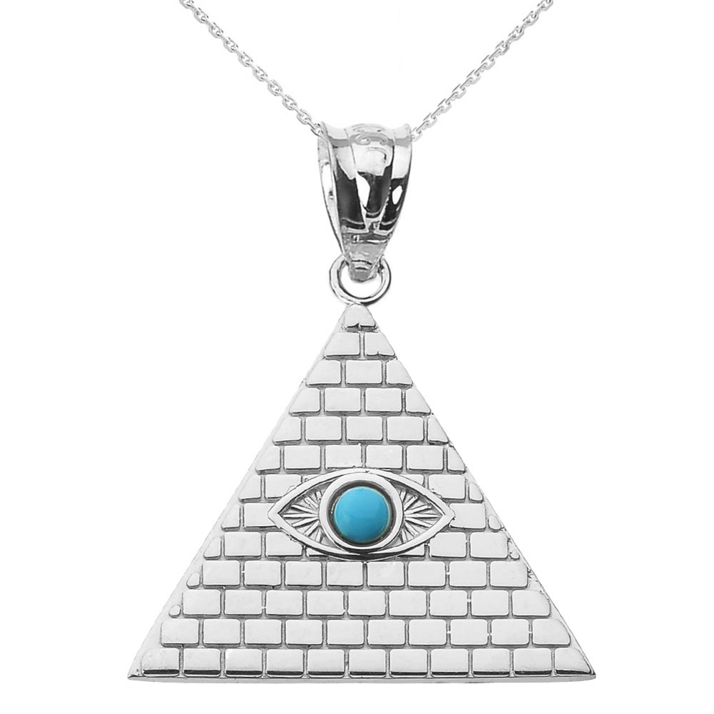 Sterling Silver Egyptian Pyramid Genuine Turquoise Gemstone Evil Eye Pendant Necklace