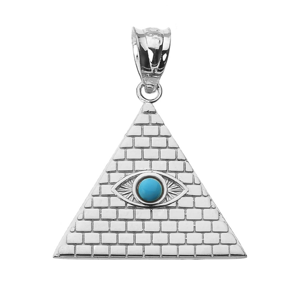 Sterling Silver Egyptian Pyramid Genuine Turquoise Gemstone Evil Eye Pendant Necklace, view 2