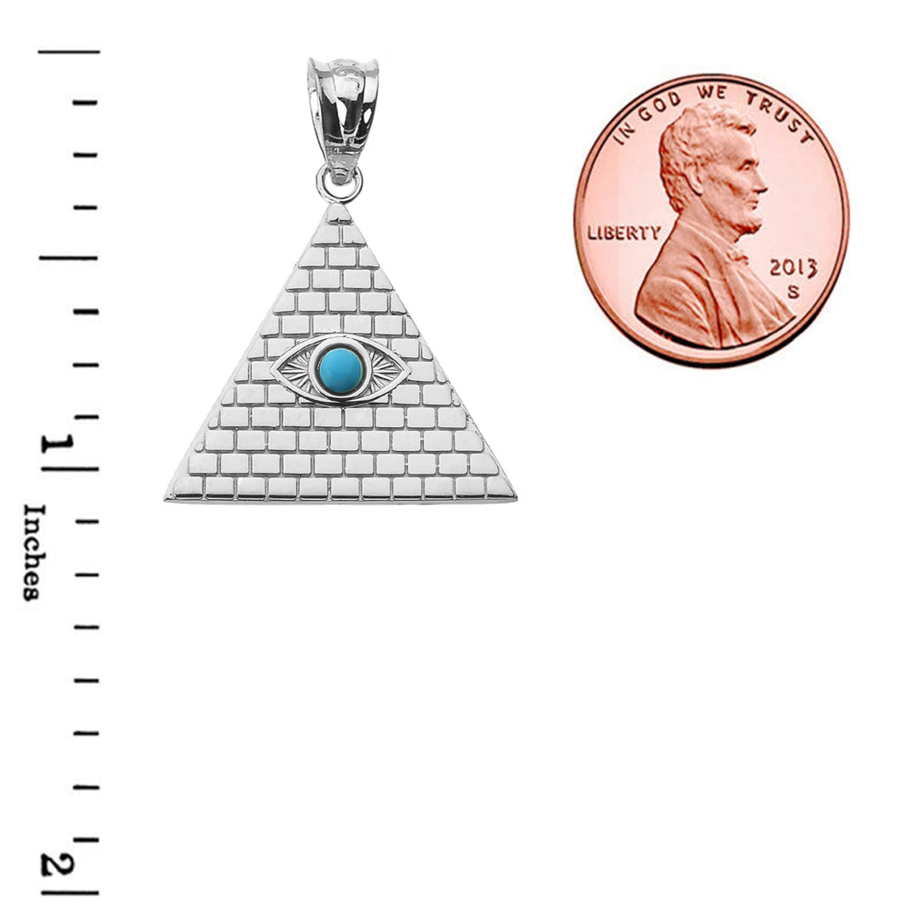 Sterling Silver Egyptian Pyramid Genuine Turquoise Gemstone Evil Eye Pendant Necklace, view 3