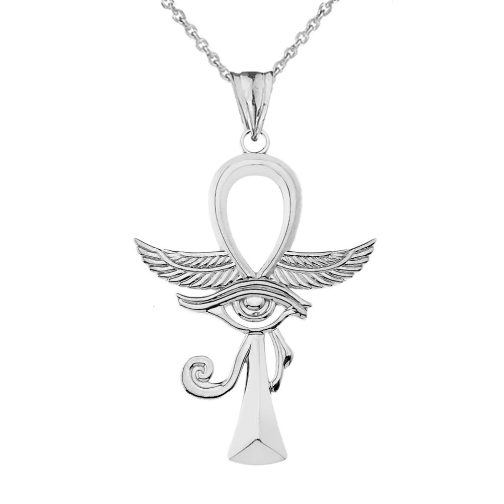 Sterling Silver Egyptian Winged Ankh Cross Eye of Horus Pendant Necklace