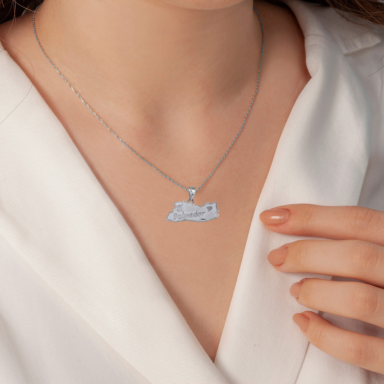 Sterling Silver El Salvador Map Heart Pendant Necklace, view 2