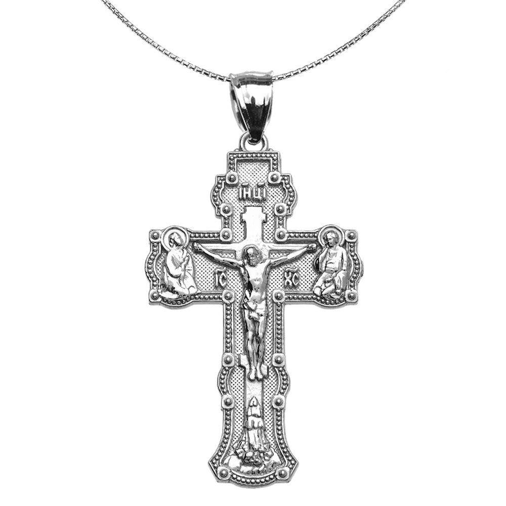Sterling Silver Elegant Russian Orthodox IC XC NIKA-Save and Protect Cross Pendant Necklace