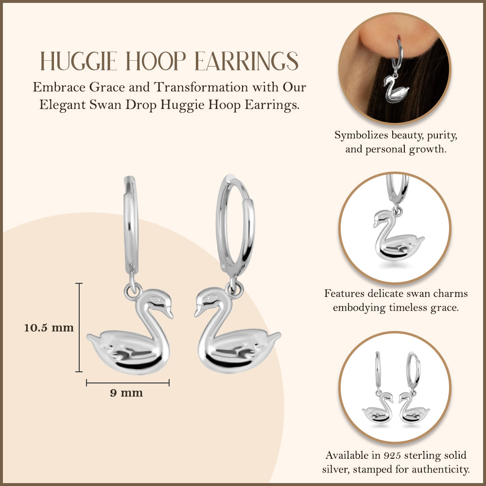Sterling Silver Elegant Swan Drop Huggie Hoop Earrings, view 3