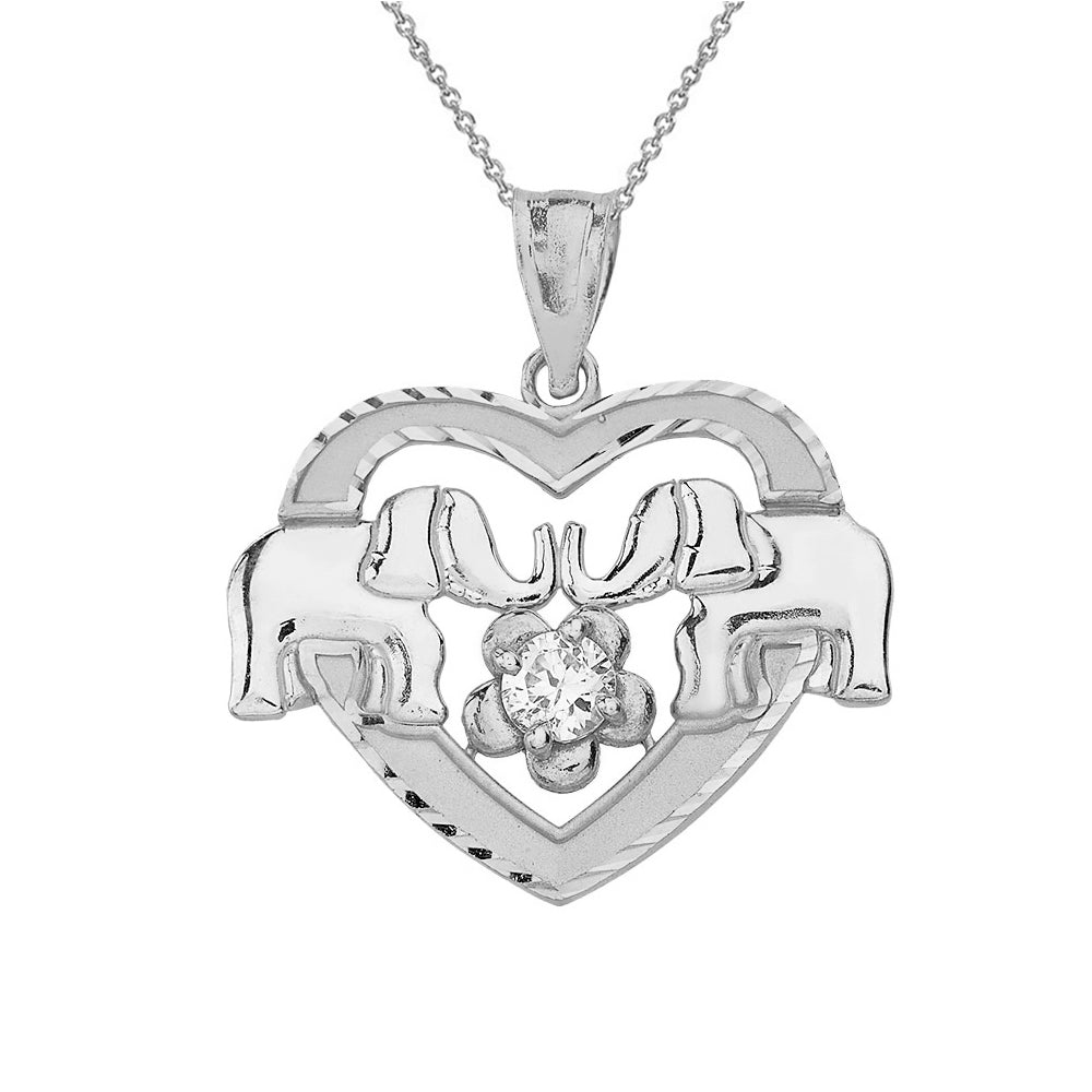 Sterling Silver Elephant Heart Flower Cubic Zirconia Pendant Necklace