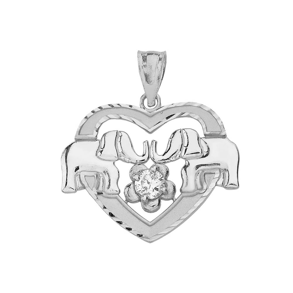 Sterling Silver Elephant Heart Flower Cubic Zirconia Pendant Necklace, view 2