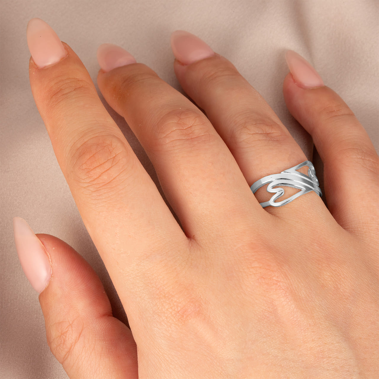 Sterling Silver Elongated Double Heart Love Ring, view 2