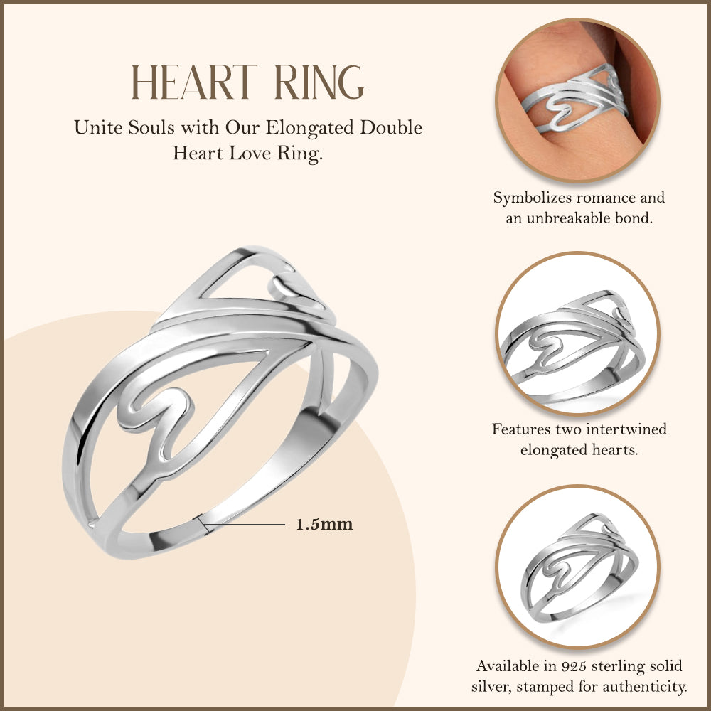 Sterling Silver Elongated Double Heart Love Ring, view 3