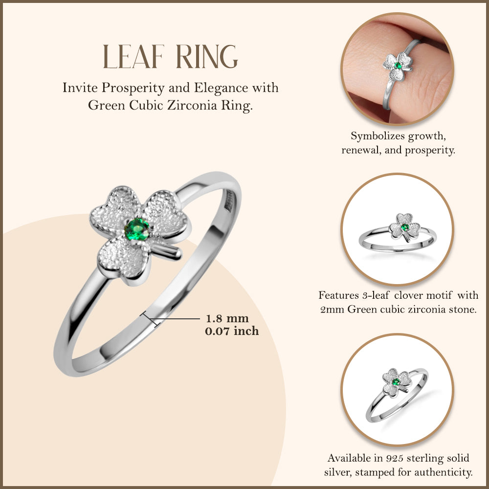 Sterling Silver Emerald Birthstone Lucky 3 Leaf Clover Heart Ring, view 3