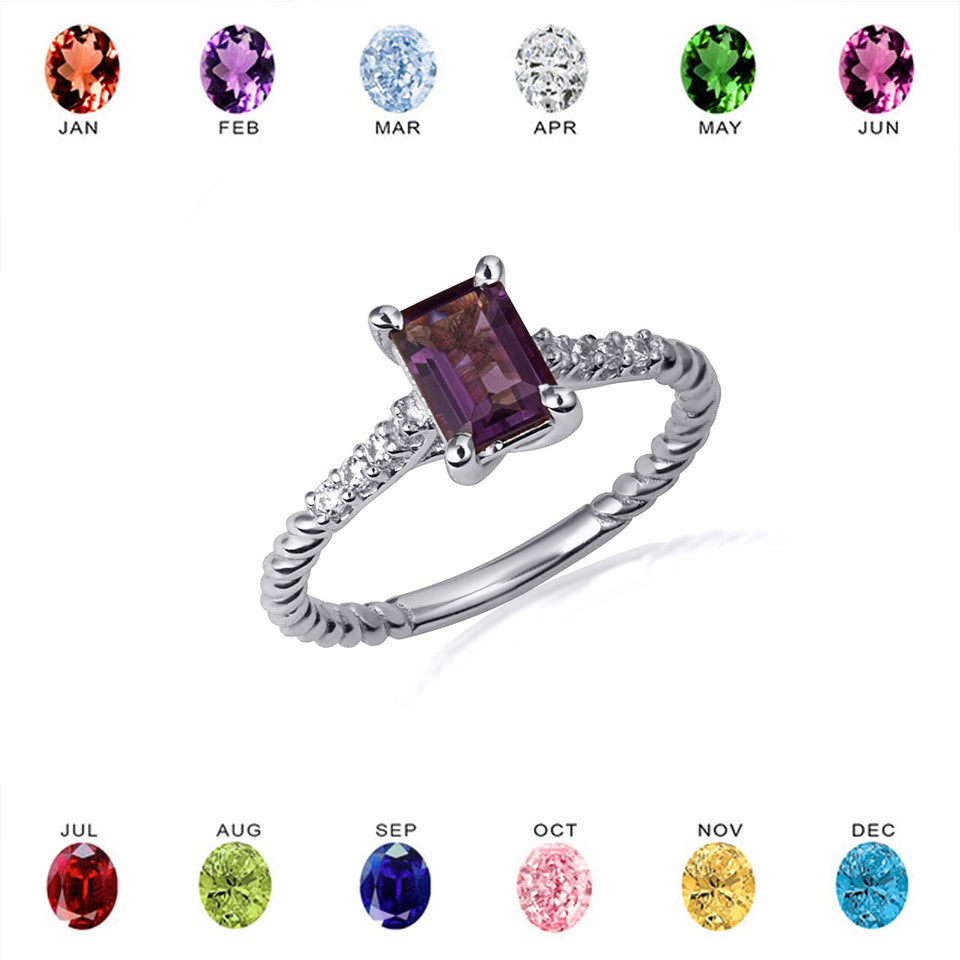 Sterling Silver Emerald Cut Gemstone CZ Roped Twist Ring