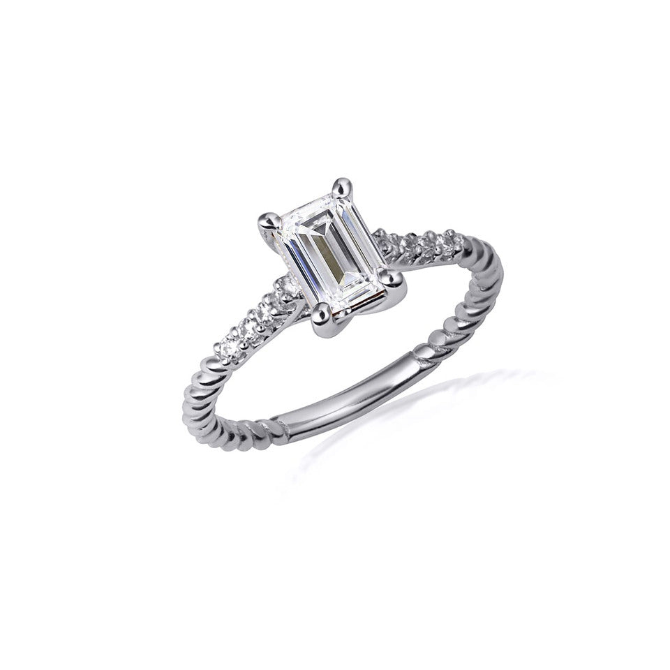 Sterling Silver Emerald Cut Gemstone CZ Roped Twist Ring, view 3