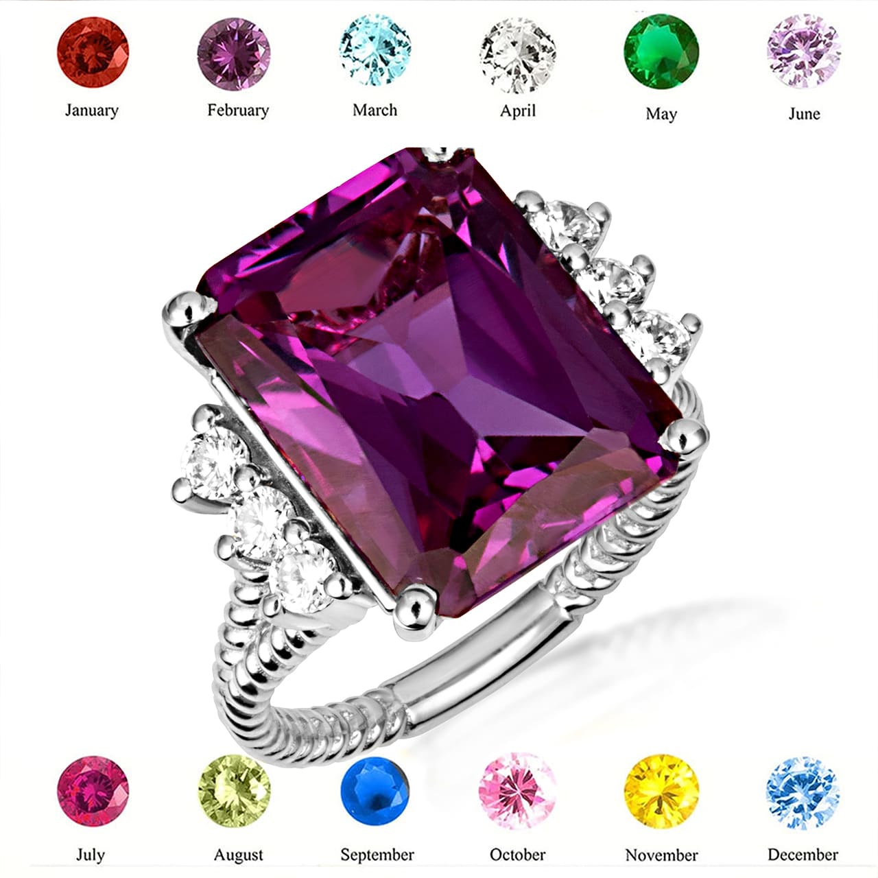 Sterling Silver Emerald Cut Gemstone Rope Band Ring