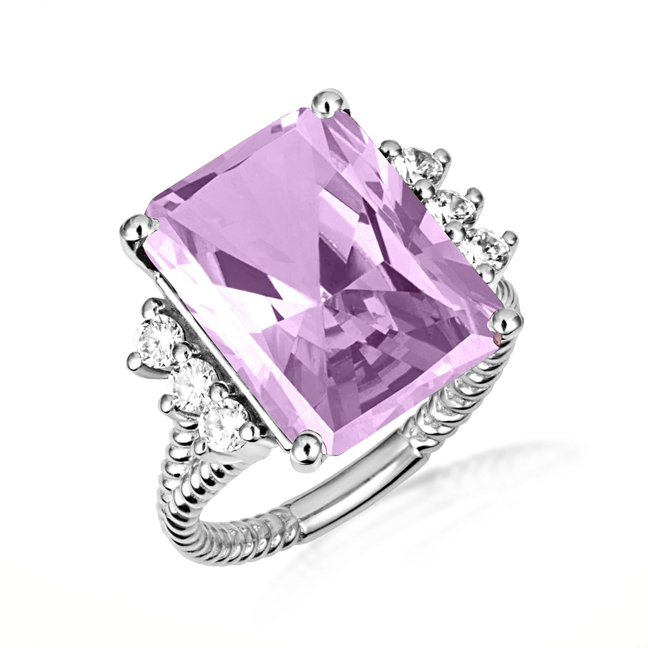 Sterling Silver Emerald Cut Gemstone Rope Band Ring, view 4