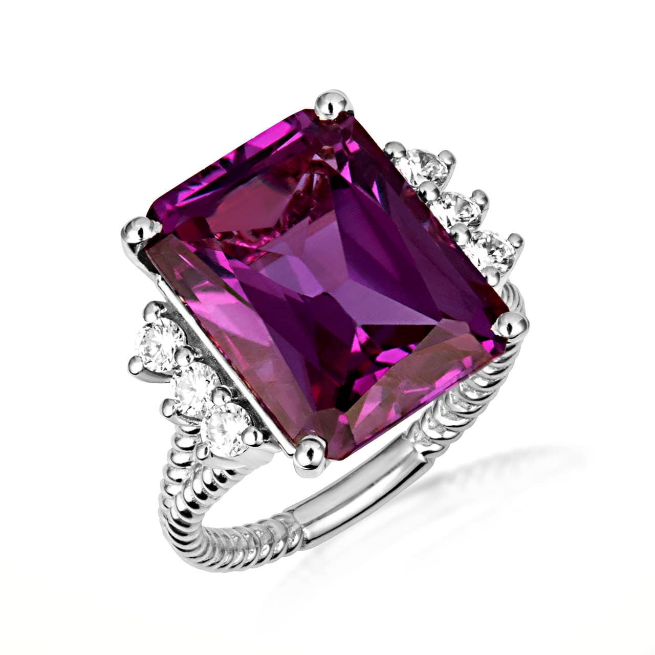 Sterling Silver Emerald Cut Gemstone Rope Band Ring, view 5