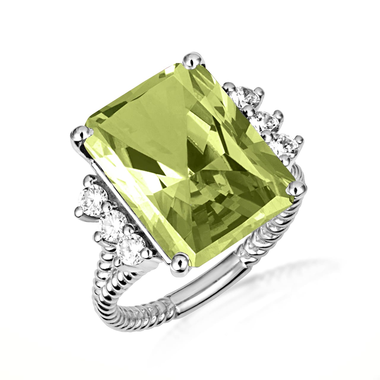 Sterling Silver Emerald Cut Gemstone Rope Band Ring, view 6