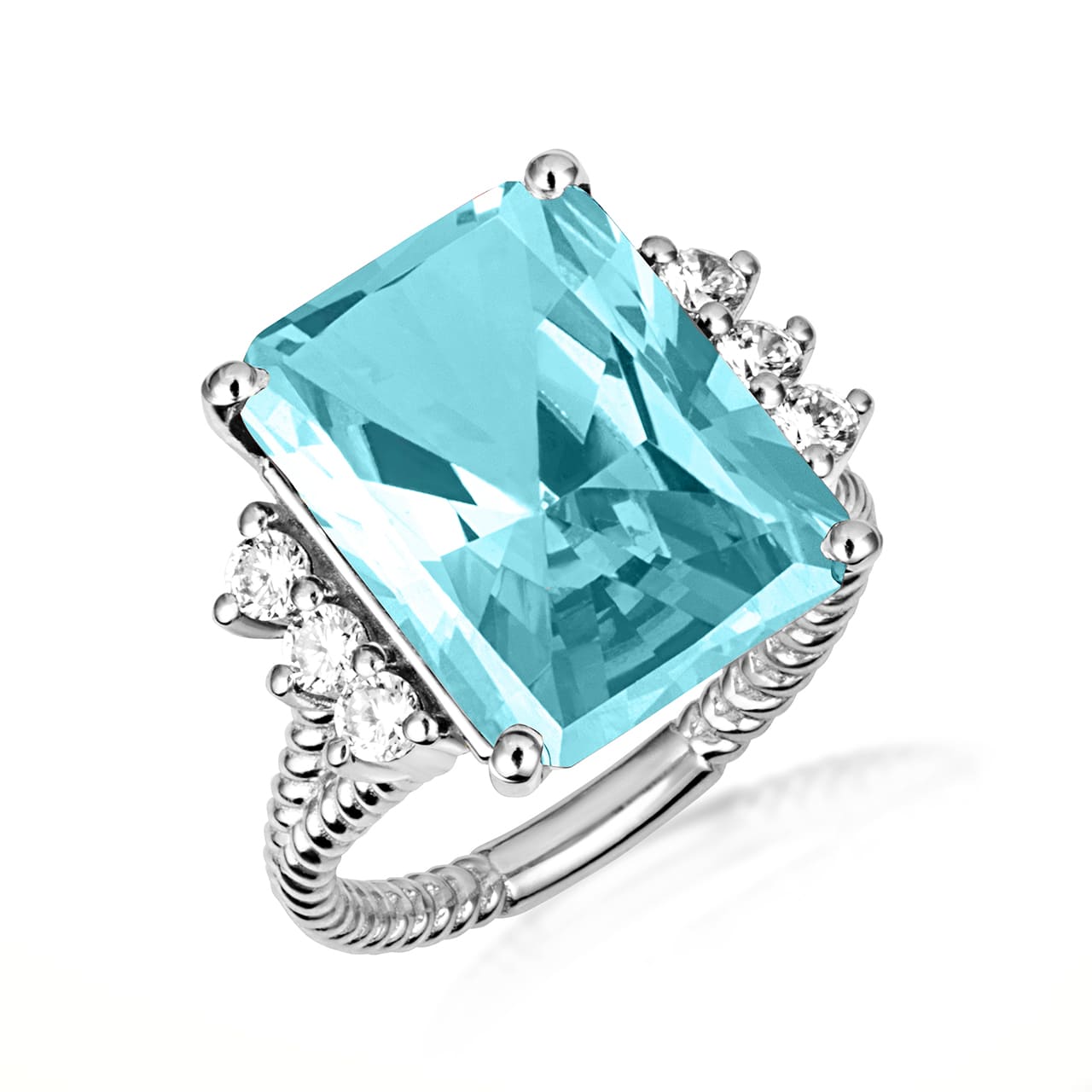 Sterling Silver Emerald Cut Gemstone Rope Band Ring, view 7