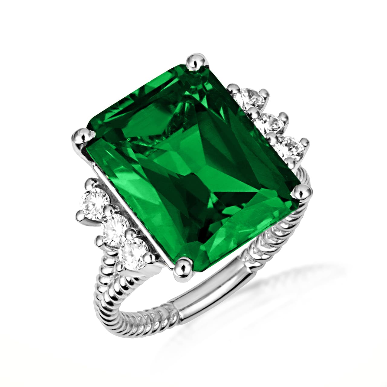 Sterling Silver Emerald Cut Gemstone Rope Band Ring, view 8