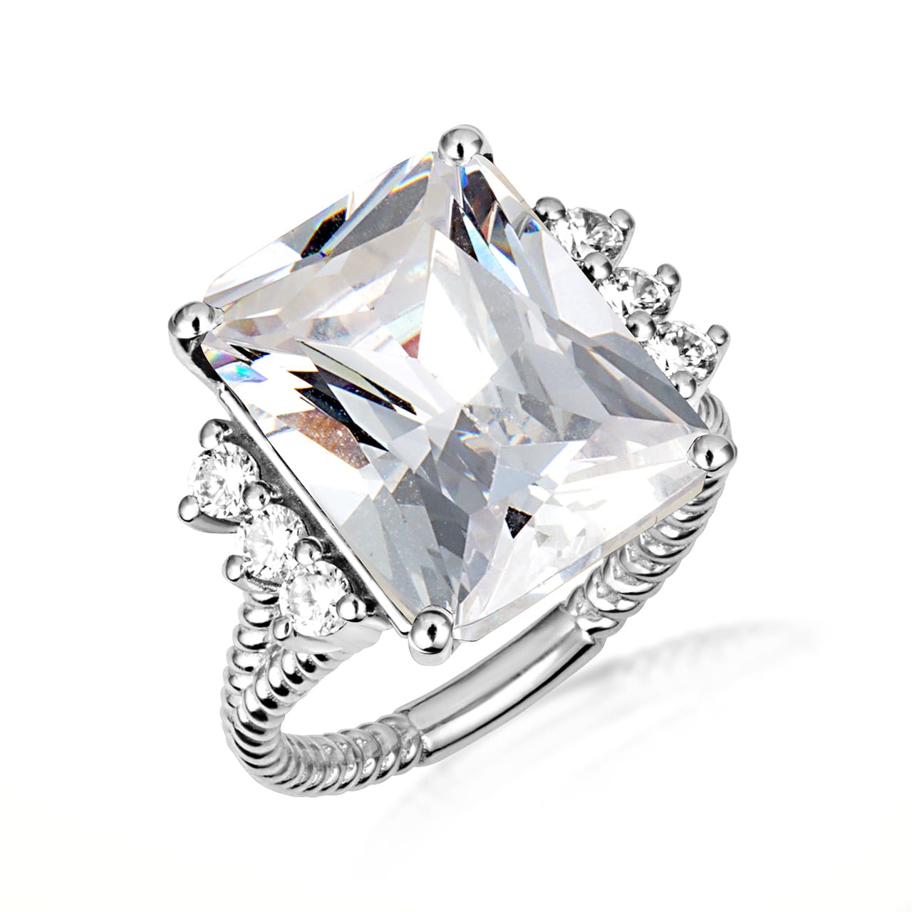 Sterling Silver Emerald Cut Gemstone Rope Band Ring, view 10