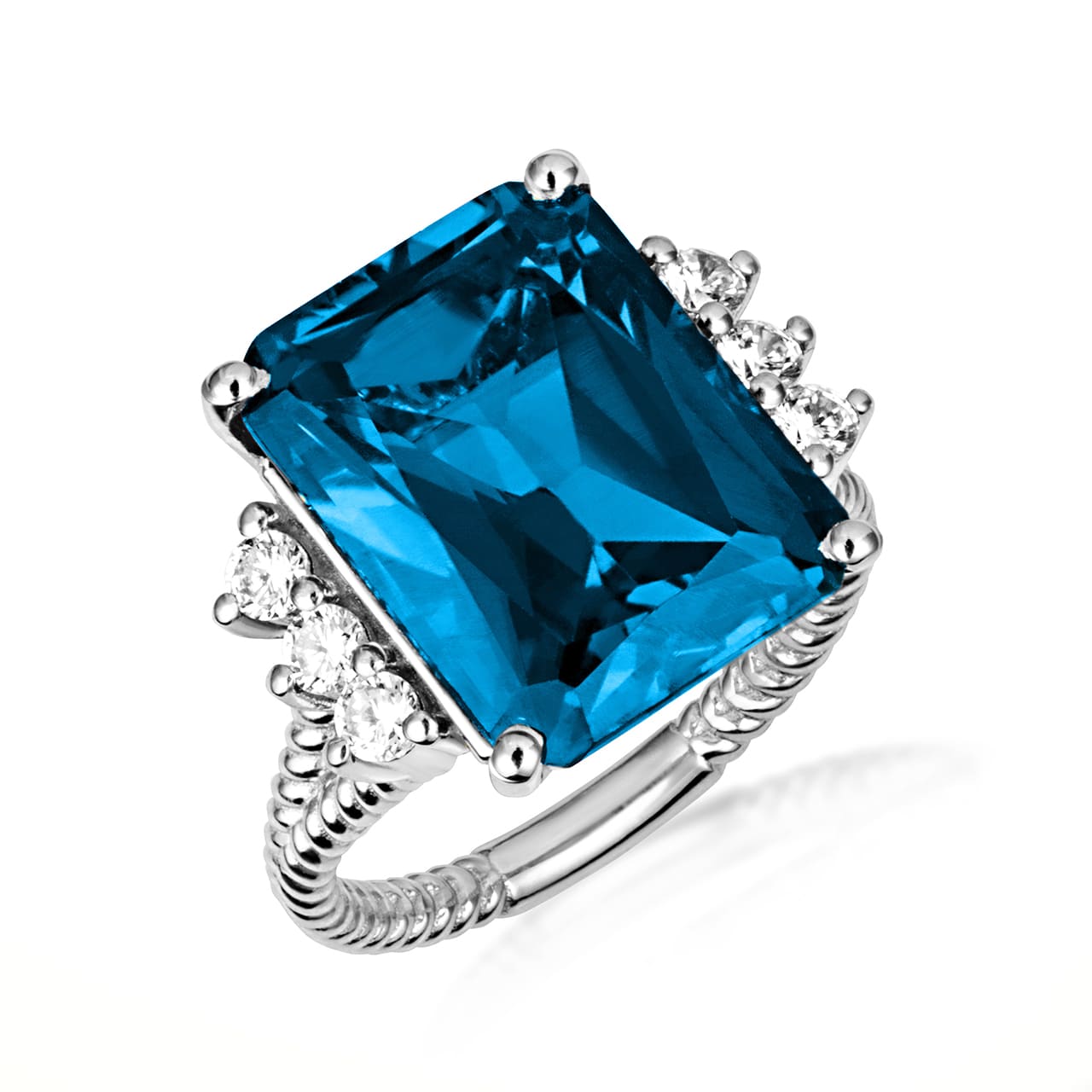 Sterling Silver Emerald Cut Gemstone Rope Band Ring, view 12