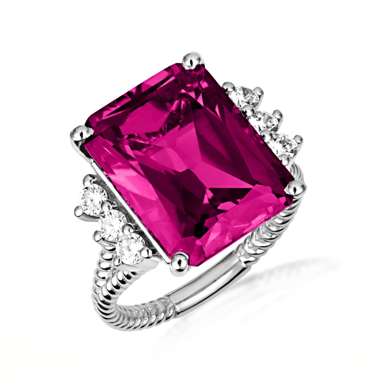 Sterling Silver Emerald Cut Gemstone Rope Band Ring, view 13