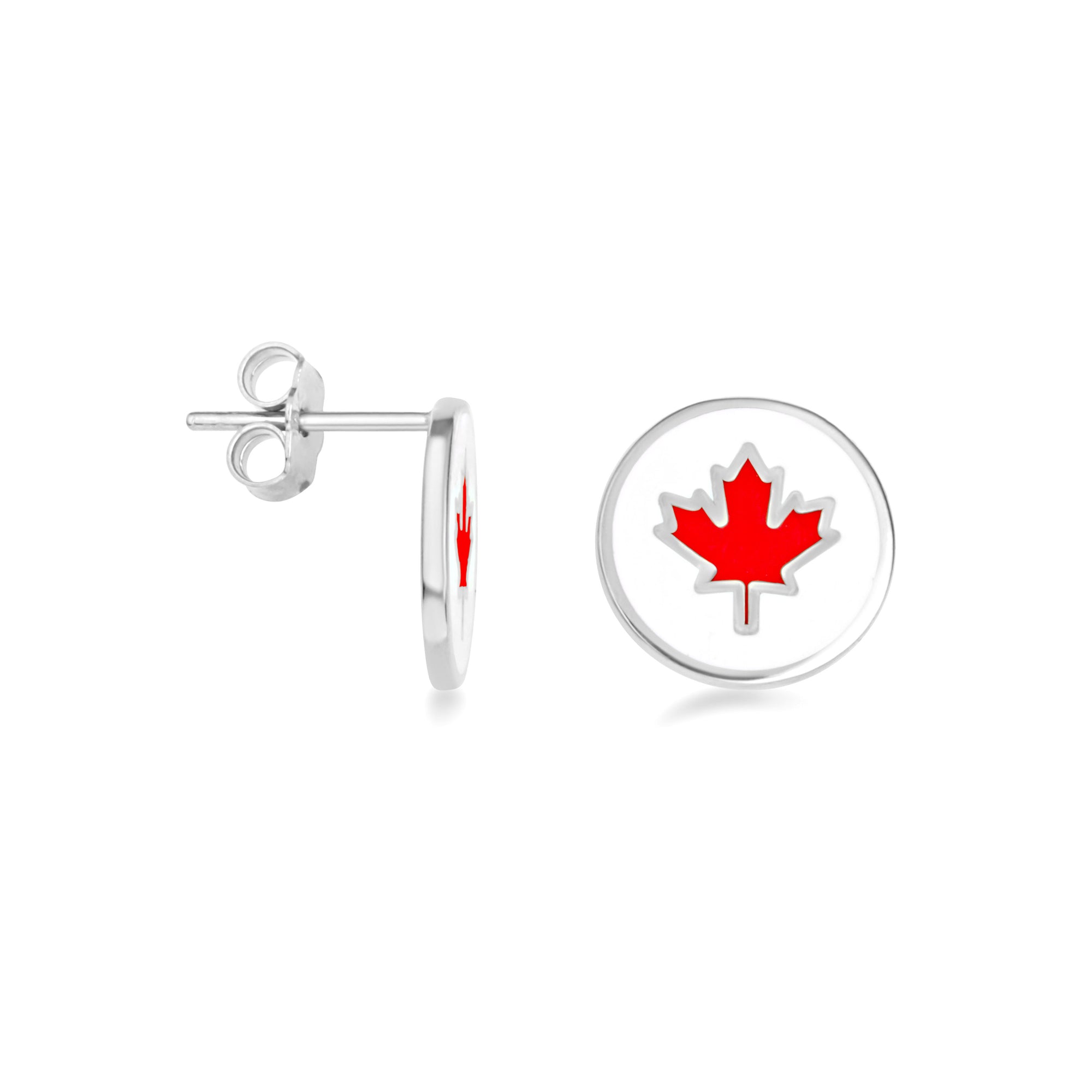 Sterling Silver Enamel Canadian Maple Leaf Stud Earrings