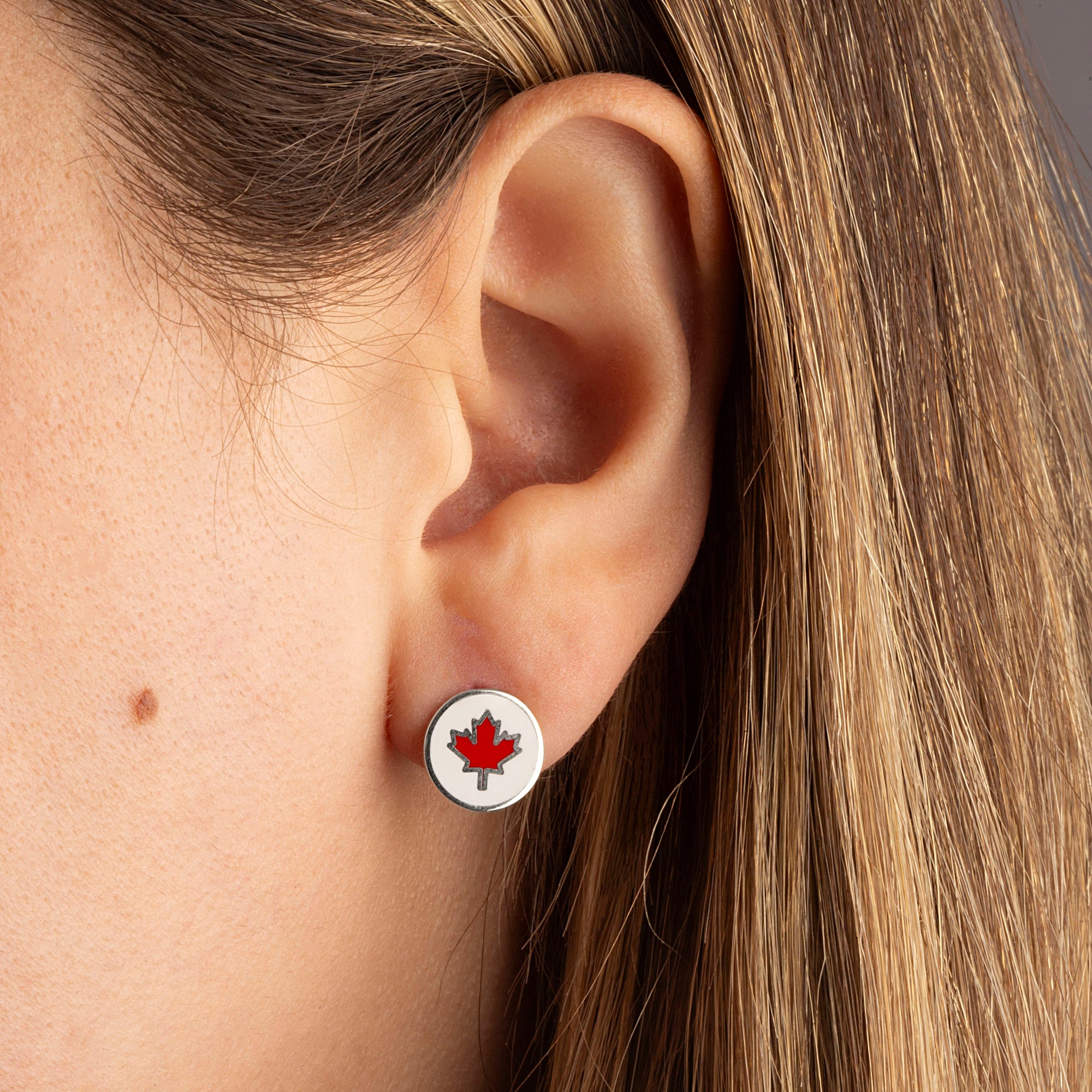 Sterling Silver Enamel Canadian Maple Leaf Stud Earrings, view 2