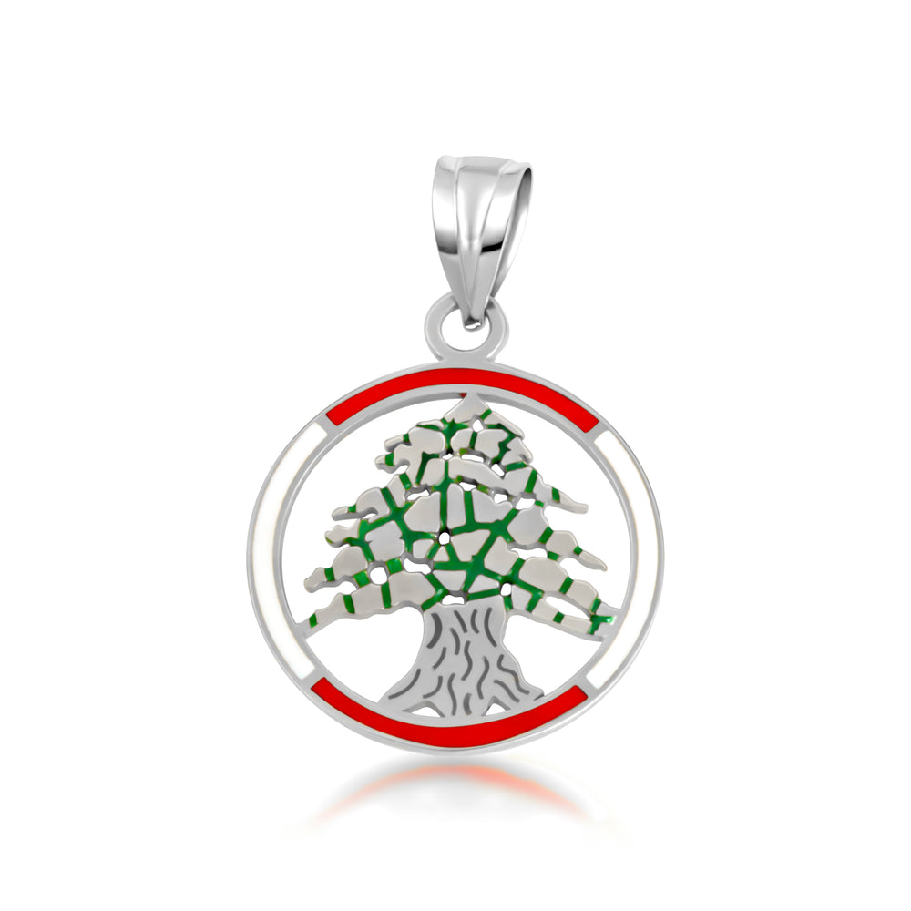 Sterling Silver Enamel Cedar Tree of Lebanon Circle Pendant Necklace