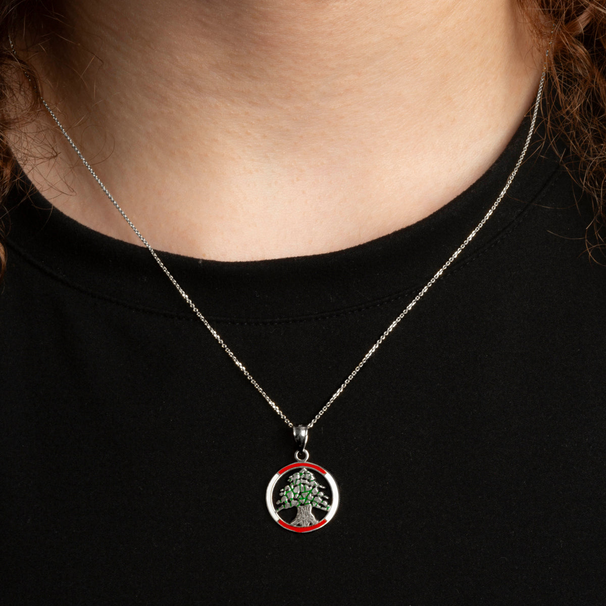 Sterling Silver Enamel Cedar Tree of Lebanon Circle Pendant Necklace, view 2