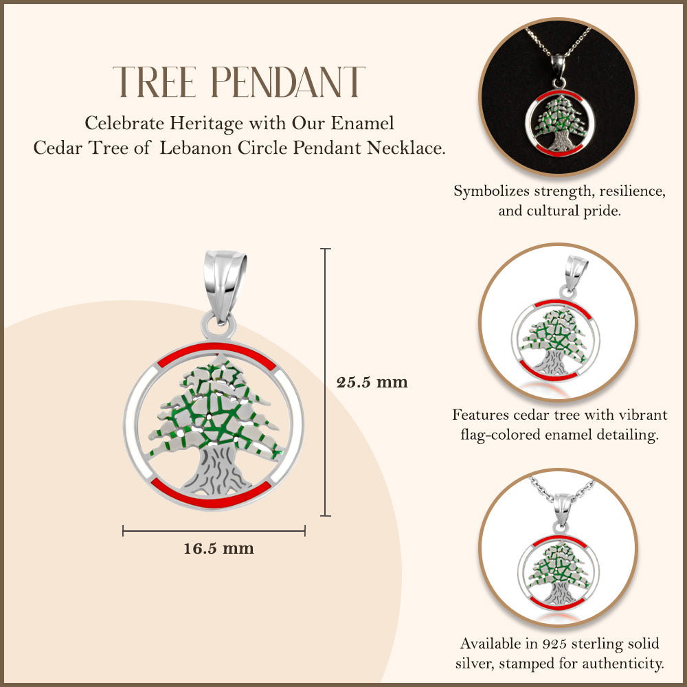 Sterling Silver Enamel Cedar Tree of Lebanon Circle Pendant Necklace, view 3