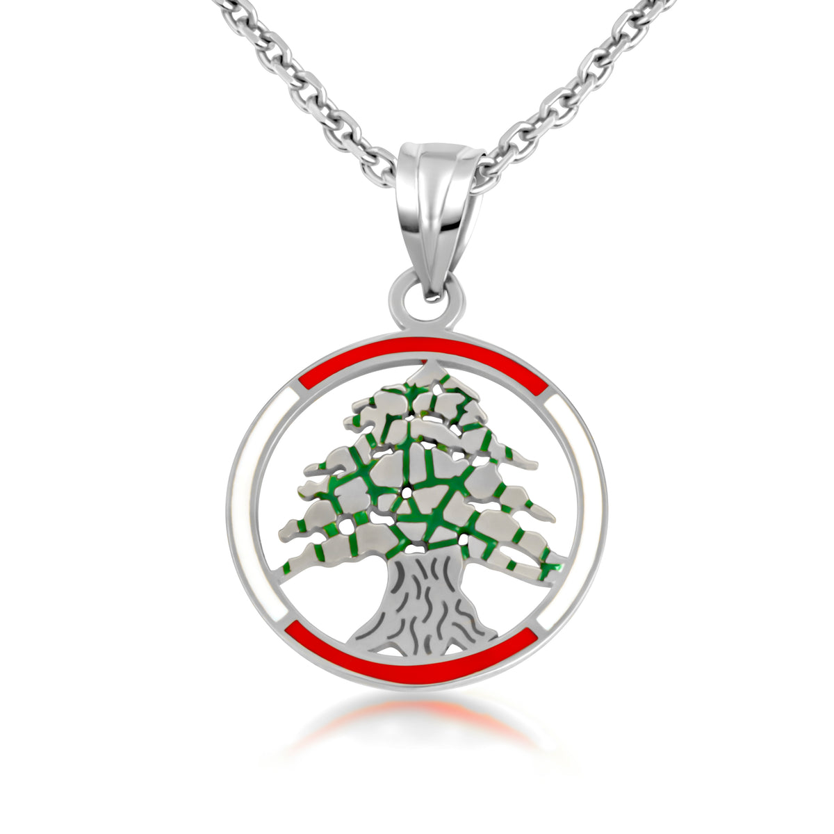 Sterling Silver Enamel Cedar Tree of Lebanon Circle Pendant Necklace, view 4
