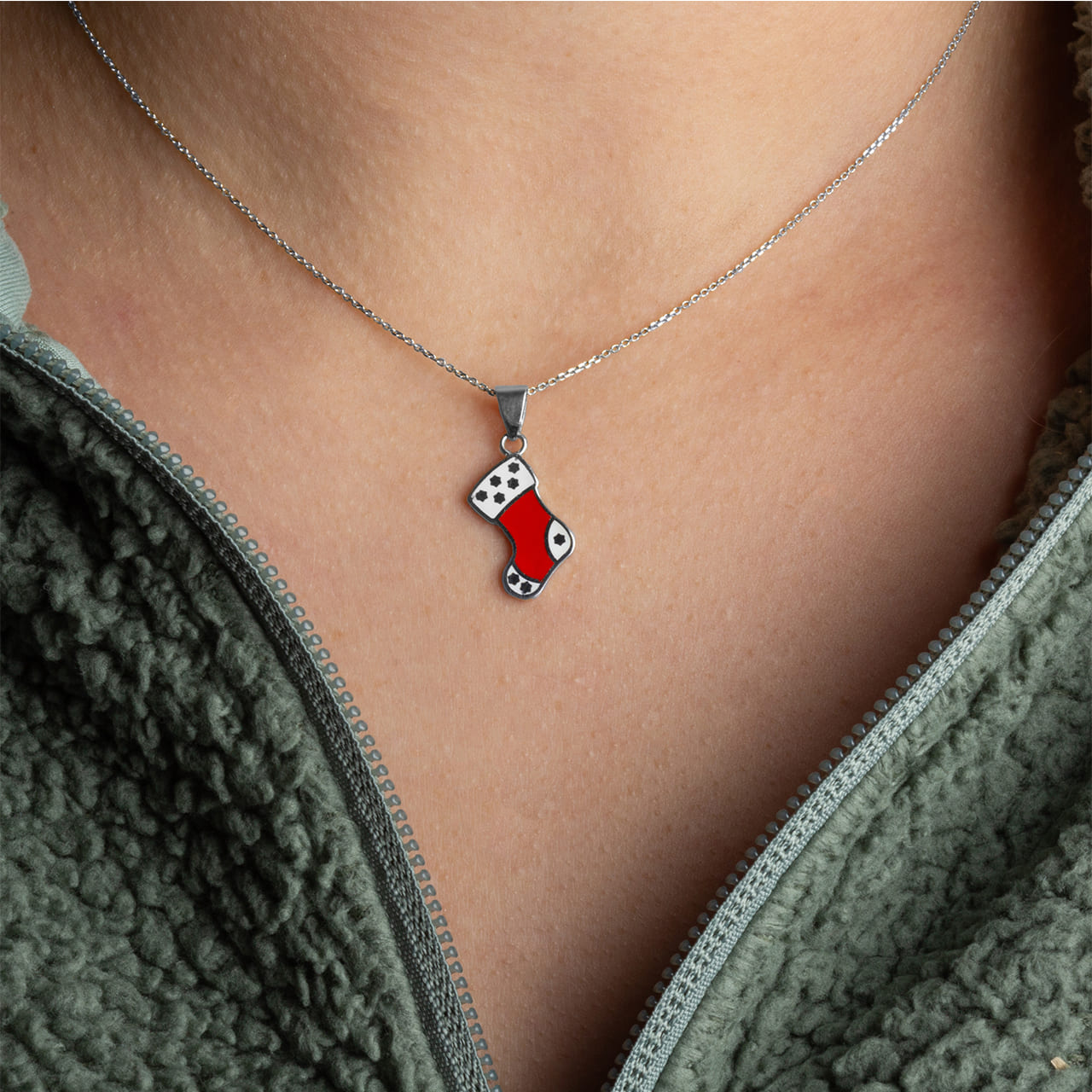 Sterling Silver Enamel Christmas Stocking Holiday Pendant Necklace, view 2