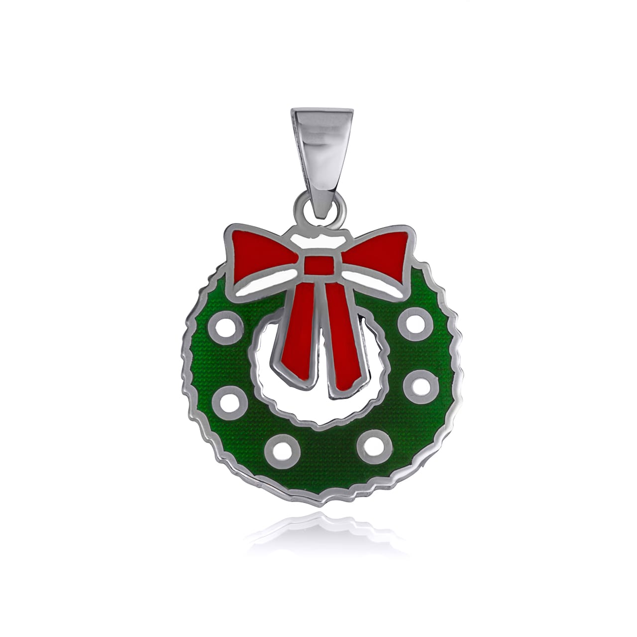 Sterling Silver Enamel Christmas Wreath Holiday Pendant Necklace