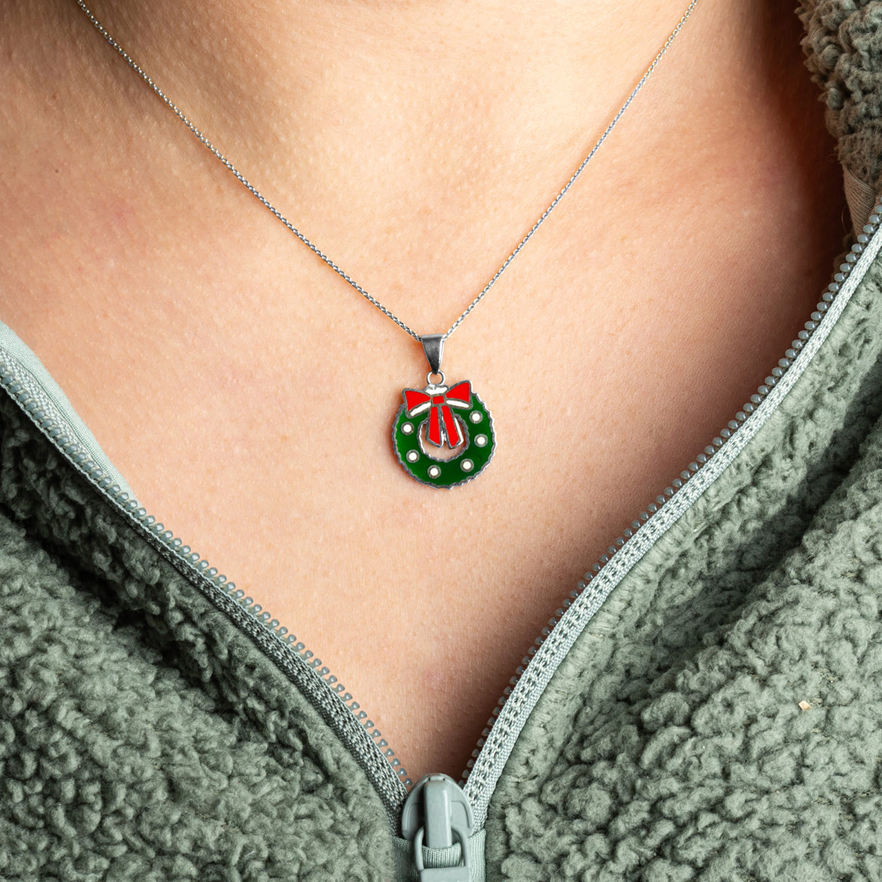 Sterling Silver Enamel Christmas Wreath Holiday Pendant Necklace, view 2