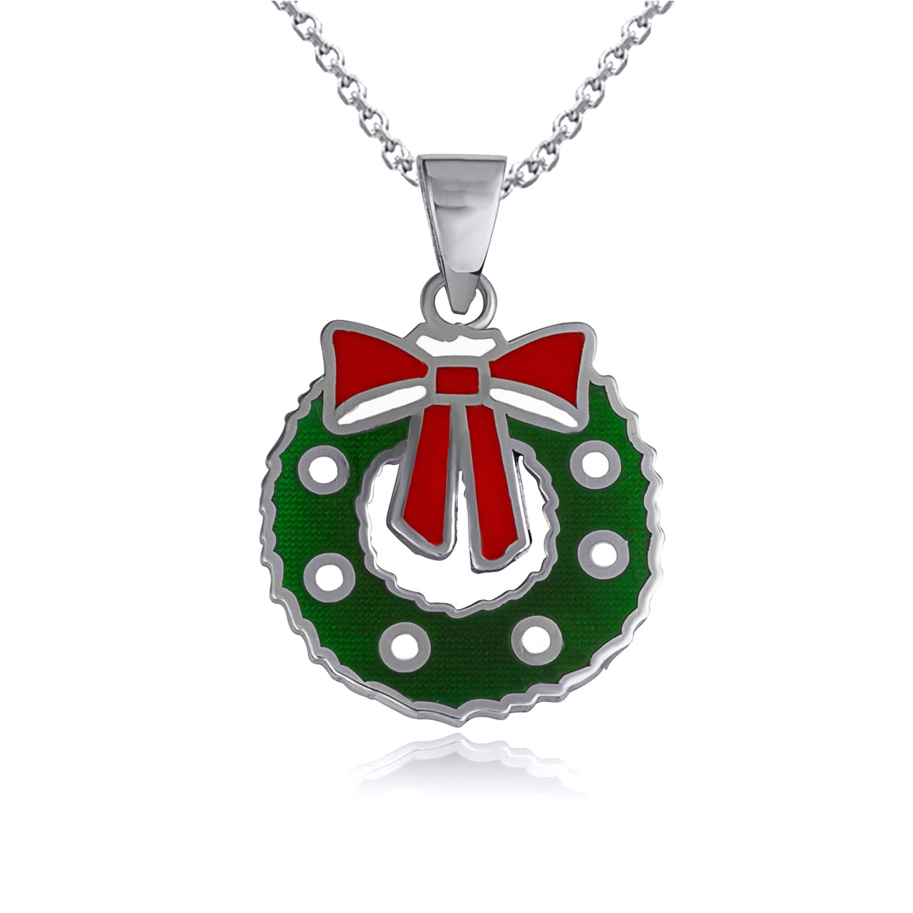 Sterling Silver Enamel Christmas Wreath Holiday Pendant Necklace, view 3