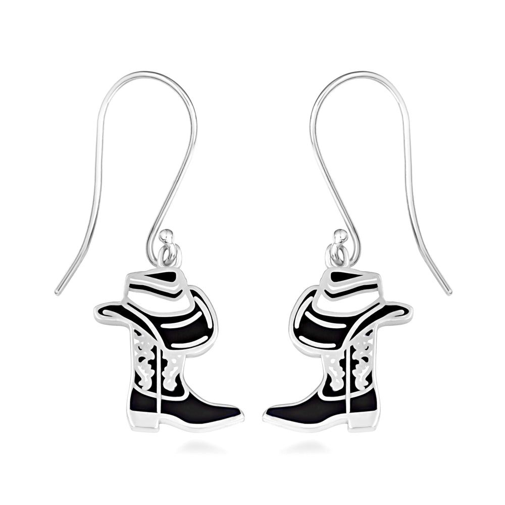 Sterling Silver Enamel Cowboy Hat Boots Western Leverback Earrings