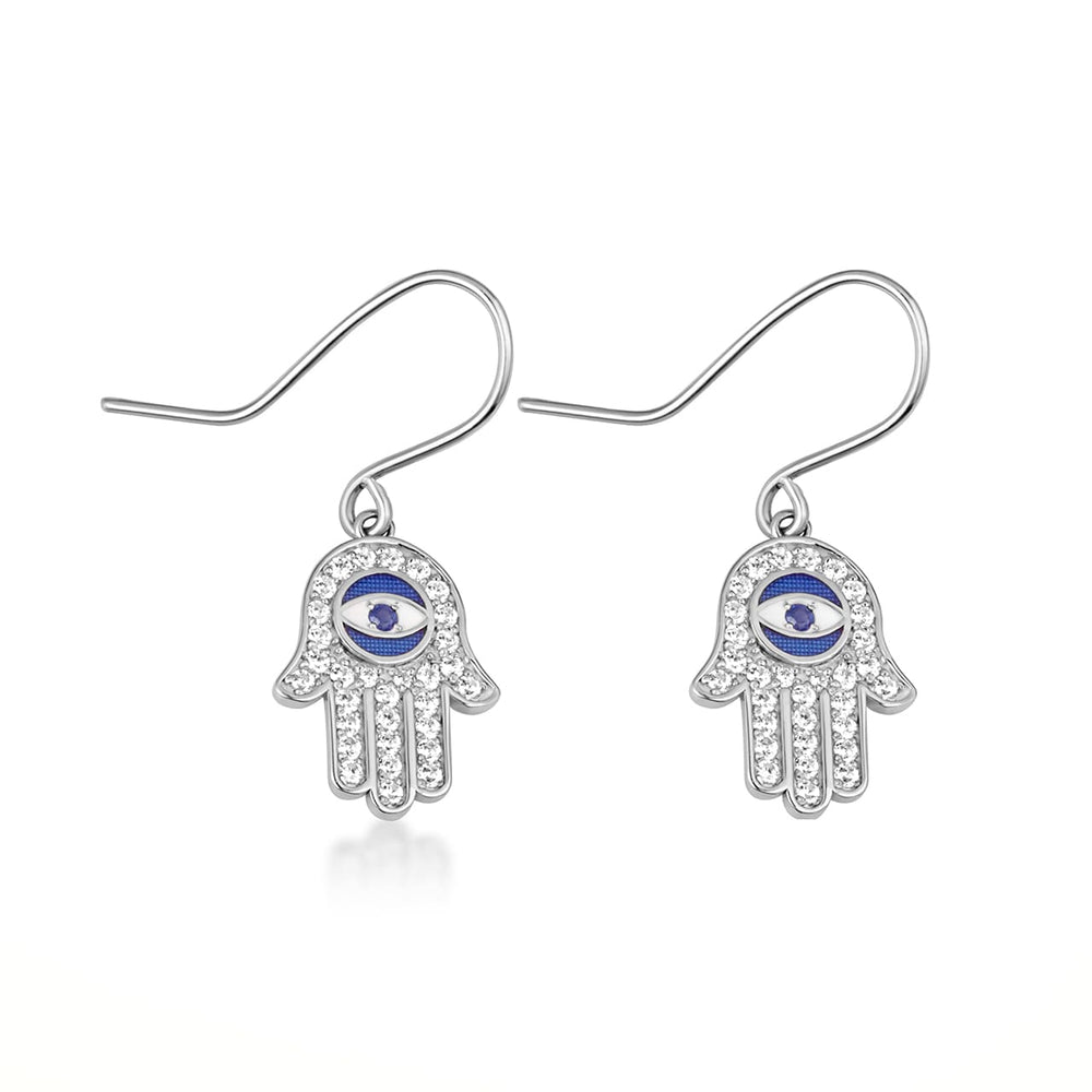 Sterling Silver Enamel Cubic Zirconia Studded Hamsa Hand Evil Eye Of Protection Leverback Earrings