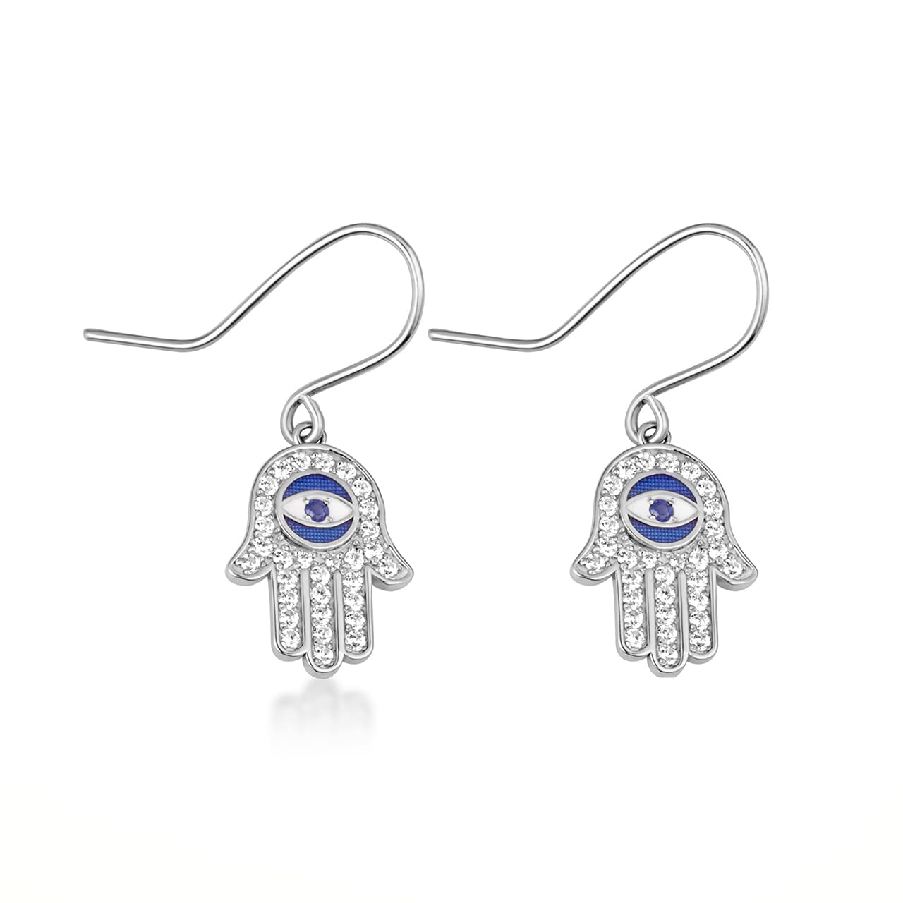 Sterling Silver Enamel Cubic Zirconia Studded Hamsa Hand Evil Eye Of Protection Leverback Earrings