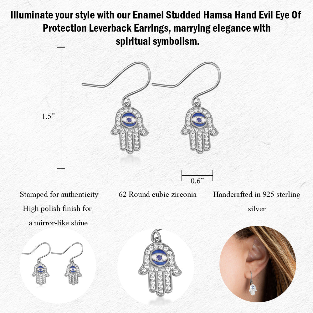 Sterling Silver Enamel Cubic Zirconia Studded Hamsa Hand Evil Eye Of Protection Leverback Earrings, view 3