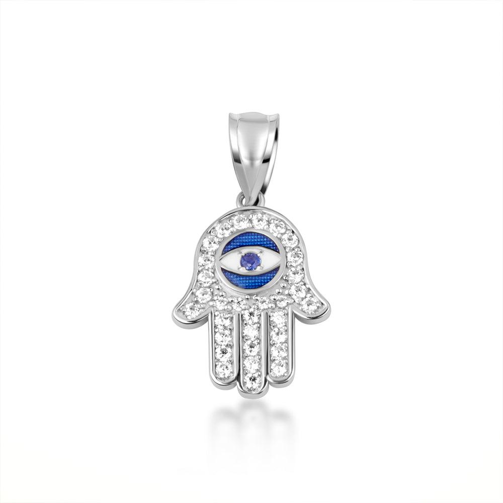 Sterling Silver Enamel Cubic Zirconia Studded Hamsa Hand Evil Eye Of Protection Pendant Necklace