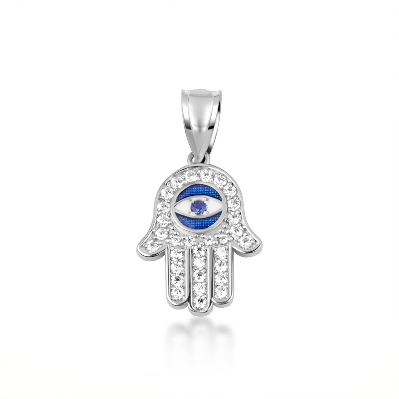 Sterling Silver Enamel Cubic Zirconia Studded Hamsa Hand Evil Eye Of Protection Pendant Necklace