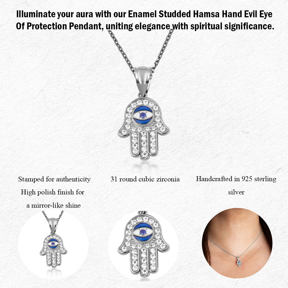 Sterling Silver Enamel Cubic Zirconia Studded Hamsa Hand Evil Eye Of Protection Pendant Necklace, view 3