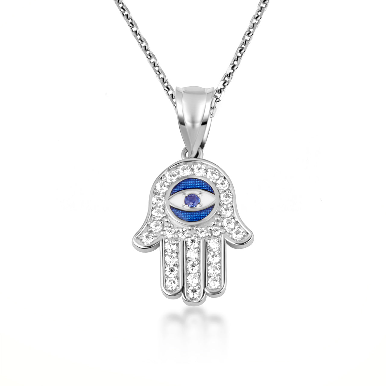 Sterling Silver Enamel Cubic Zirconia Studded Hamsa Hand Evil Eye Of Protection Pendant Necklace, view 4