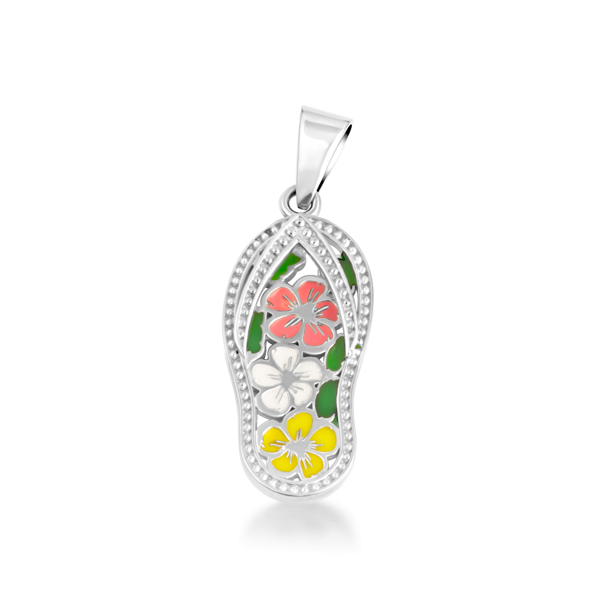 Sterling Silver Enamel Flower Sandals Beach Flip-Flops Milgrain Pendant Necklace