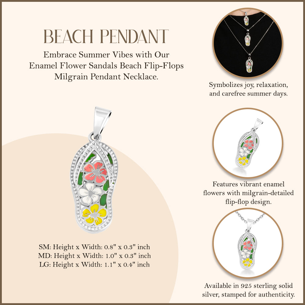 Sterling Silver Enamel Flower Sandals Beach Flip-Flops Milgrain Pendant Necklace, view 3