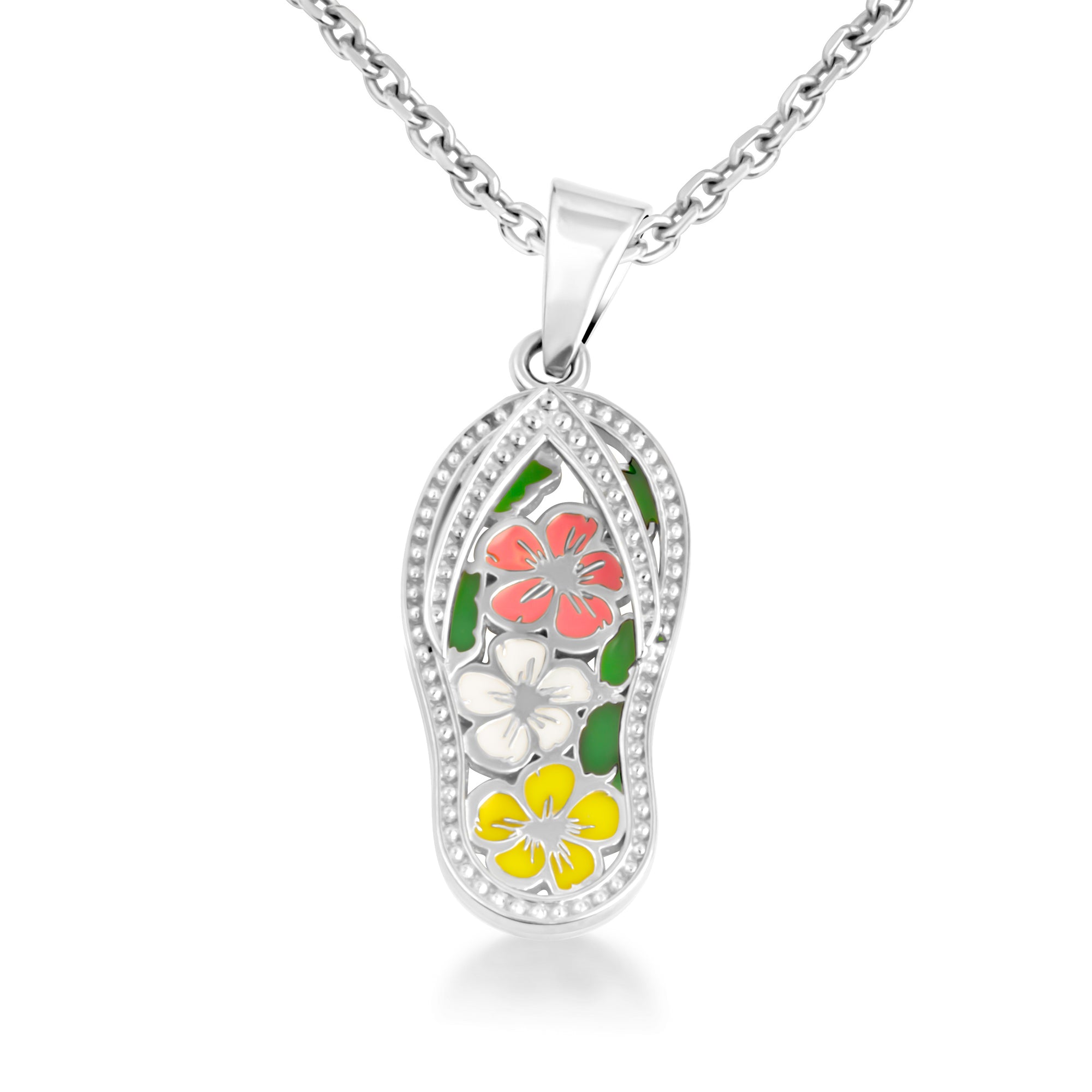 Sterling Silver Enamel Flower Sandals Beach Flip-Flops Milgrain Pendant Necklace, view 4