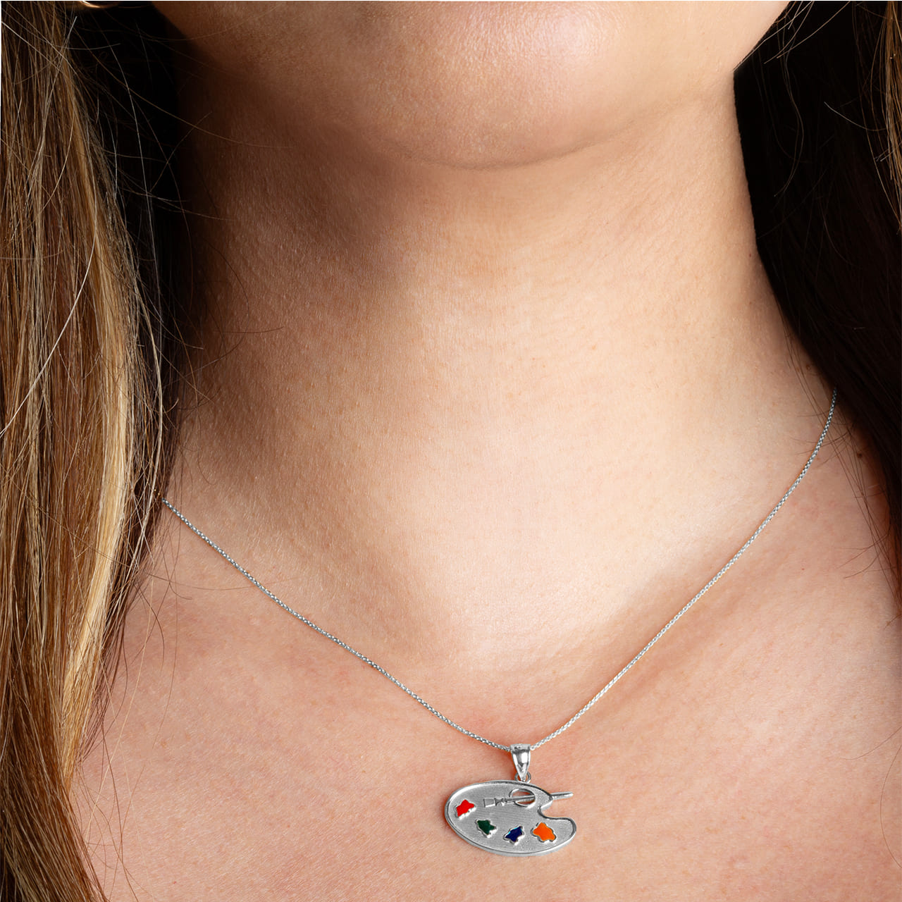 Sterling Silver Enamel Palette Paint Brush Artist Pendant Necklace, view 3
