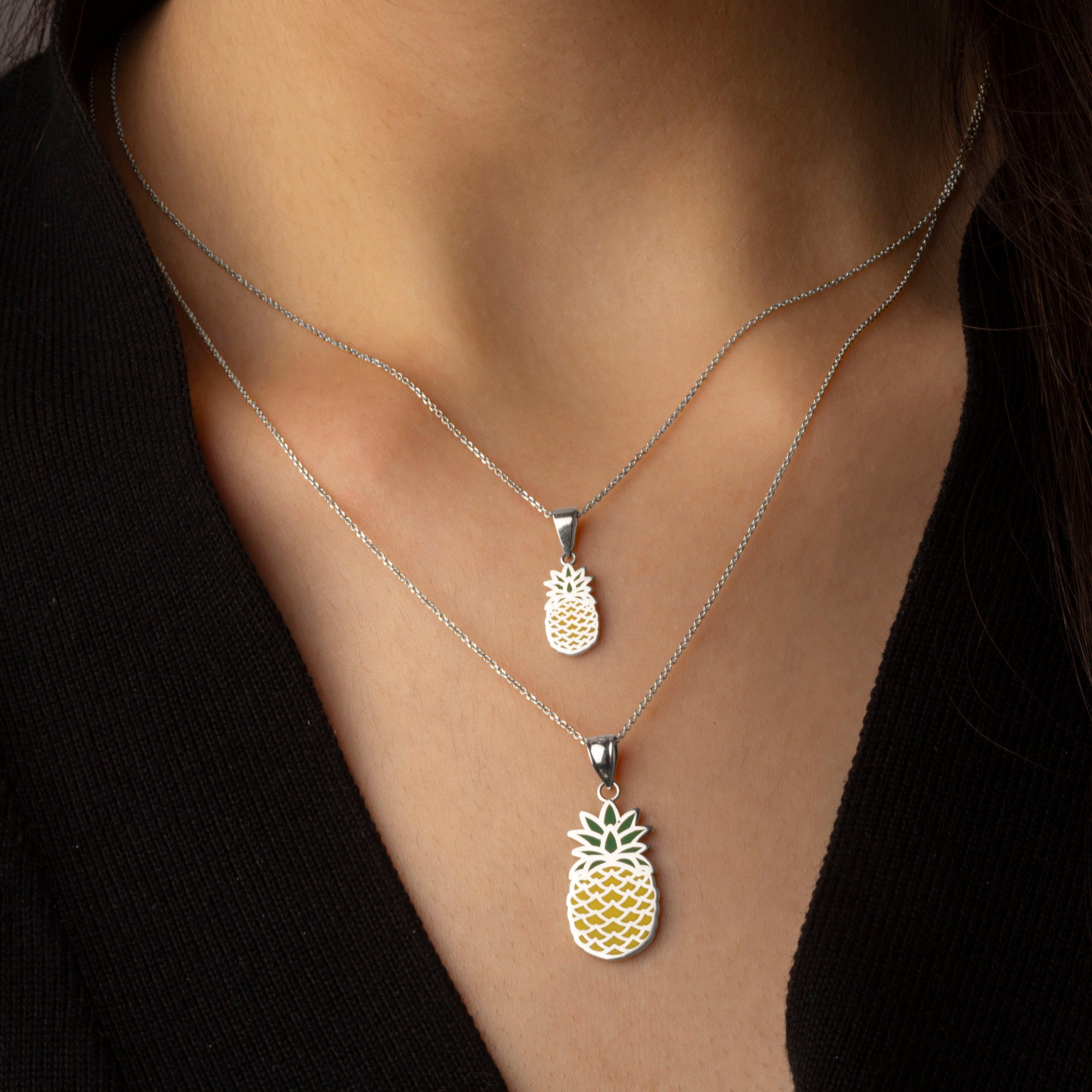 Sterling Silver Enamel Pineapple Fruit Pendant Necklace, view 2